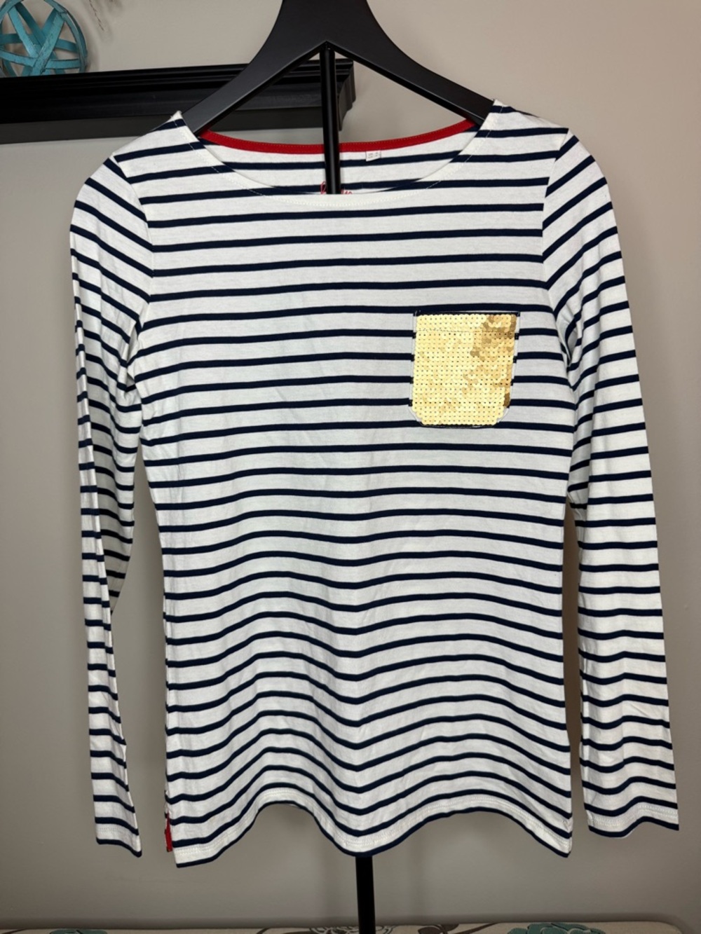 Boden Navy & White Striped Long-Sleeve Top with Gold Sequin Pocket
